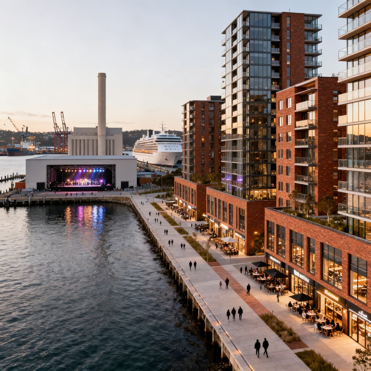 Waterfront promenade render at Bays West showing brick residential towers, outdoor dining, and a harbourside concert venue.