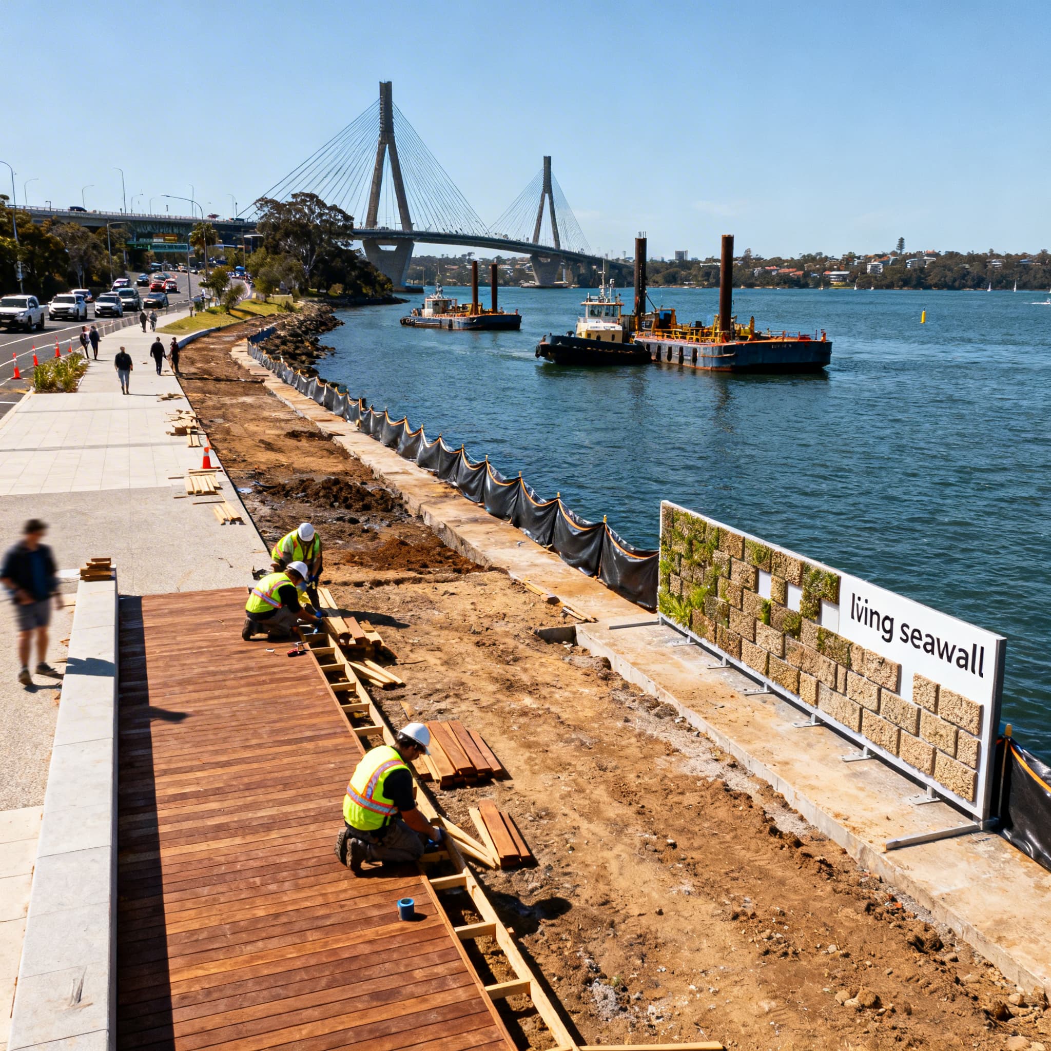 AI-generated construction planning scene showing BIM coordination, cranes, and shared access in a dense waterfront site
