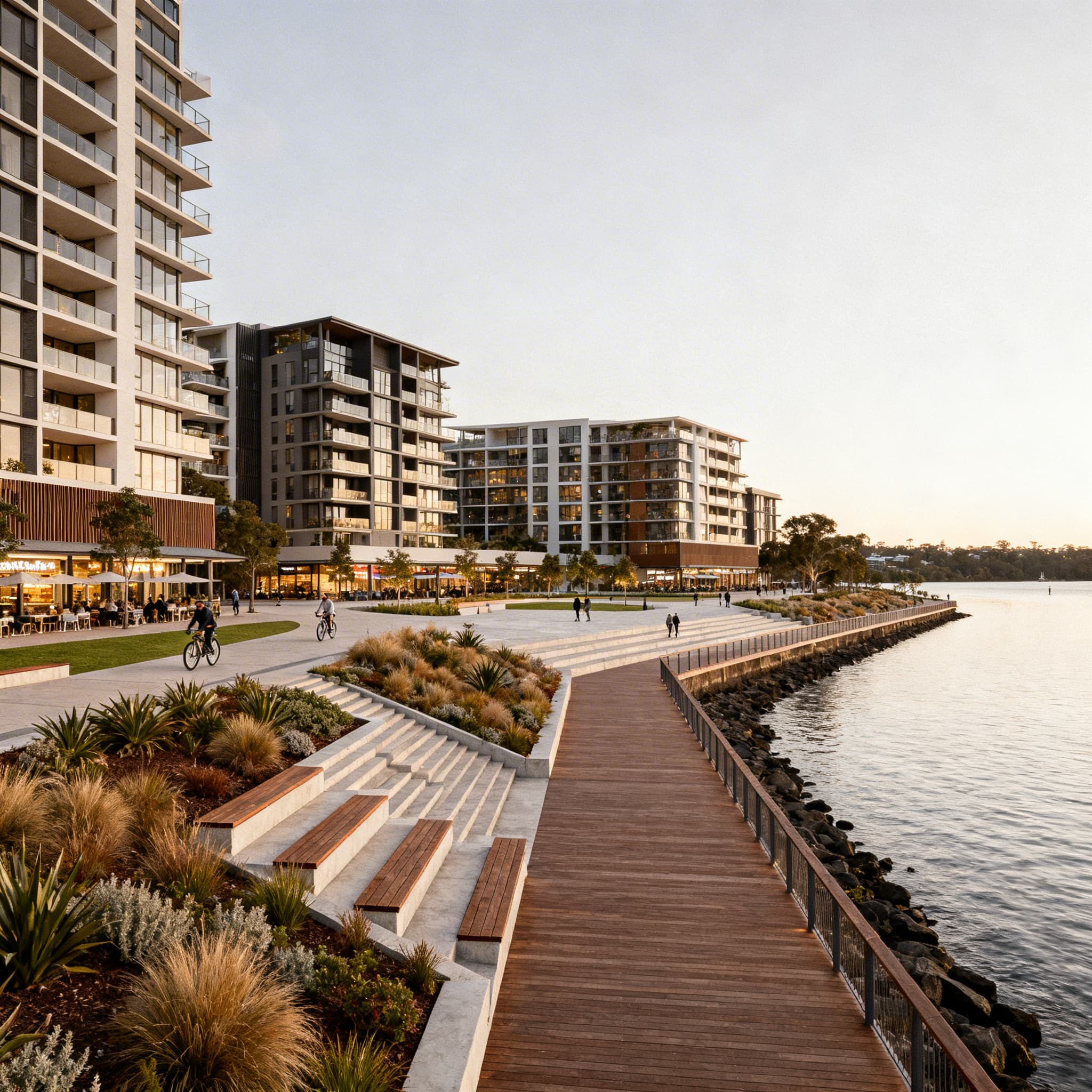 AI-generated sunset view of a completed Sydney harbour promenade with parks, mixed-use buildings, and pedestrian boardwalk
