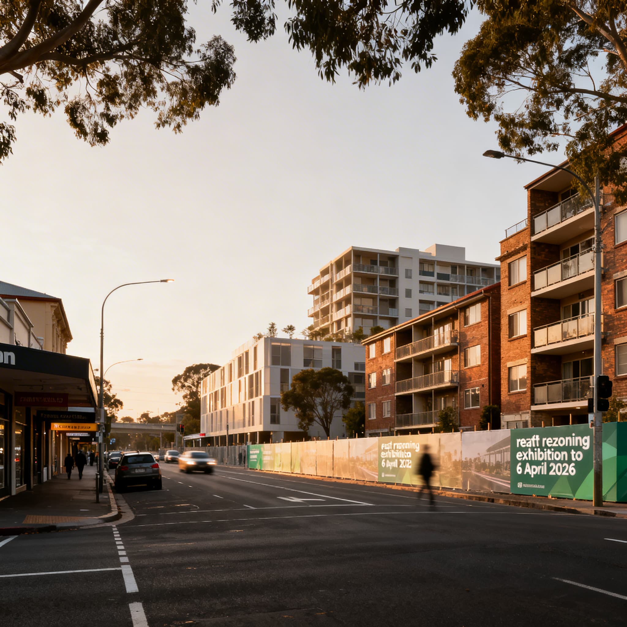 AI-generated illustration of a Sydney Metro precinct with mixed-use towers, podiums, and pedestrian streets