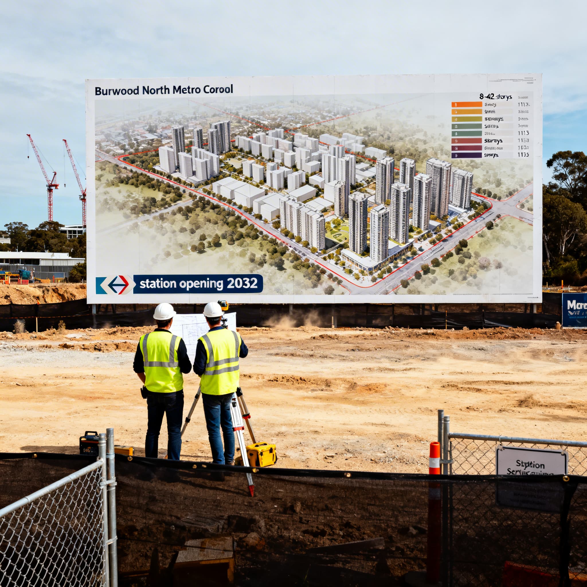 AI-generated feasibility planning scene with cost plans, staging diagrams, and a Metro station context model