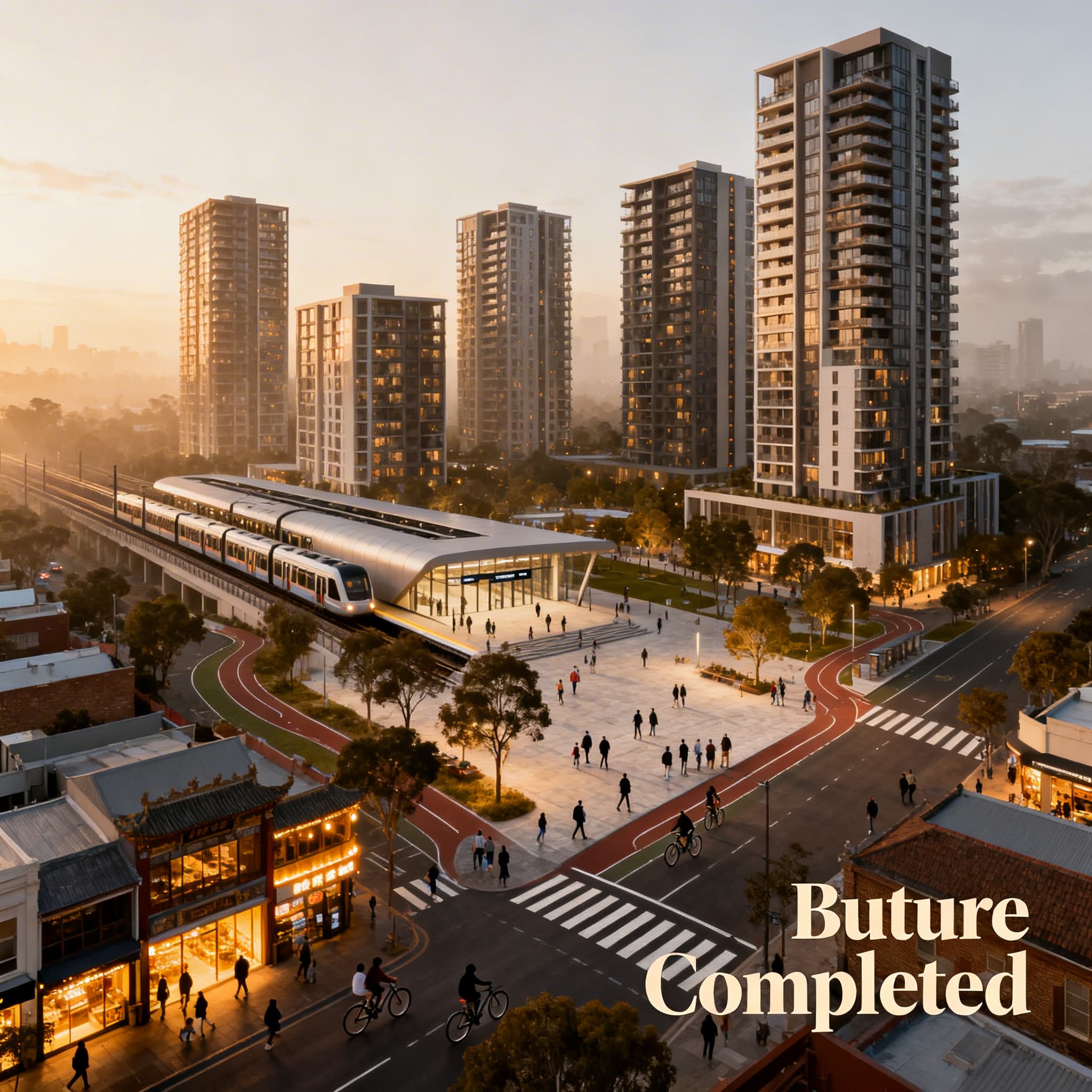 AI-generated street-level view of a high-density mixed-use precinct with generous footpaths, trees, and active retail podiums