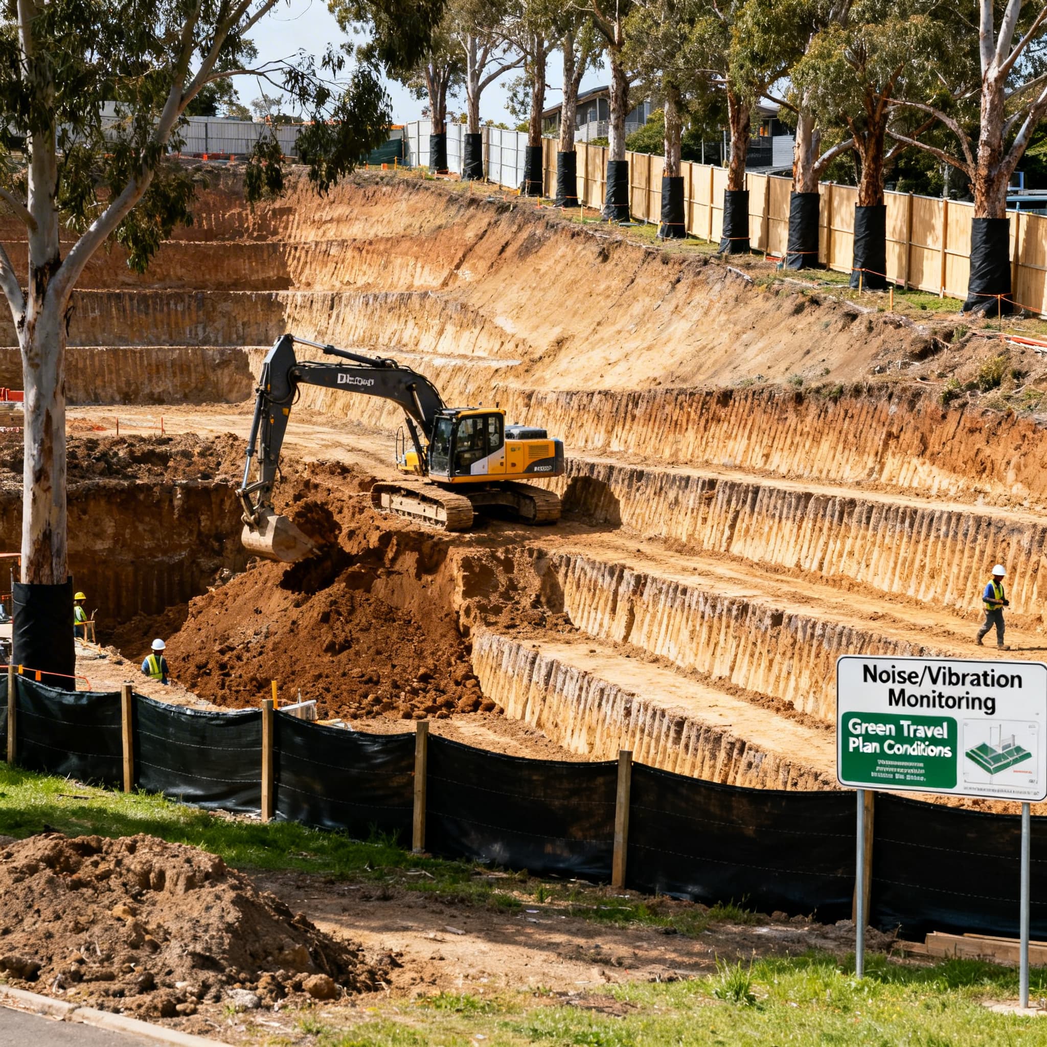 AI-generated aerial of a transit-oriented apartment precinct near a train station with landscaped courtyards and pedestrian links