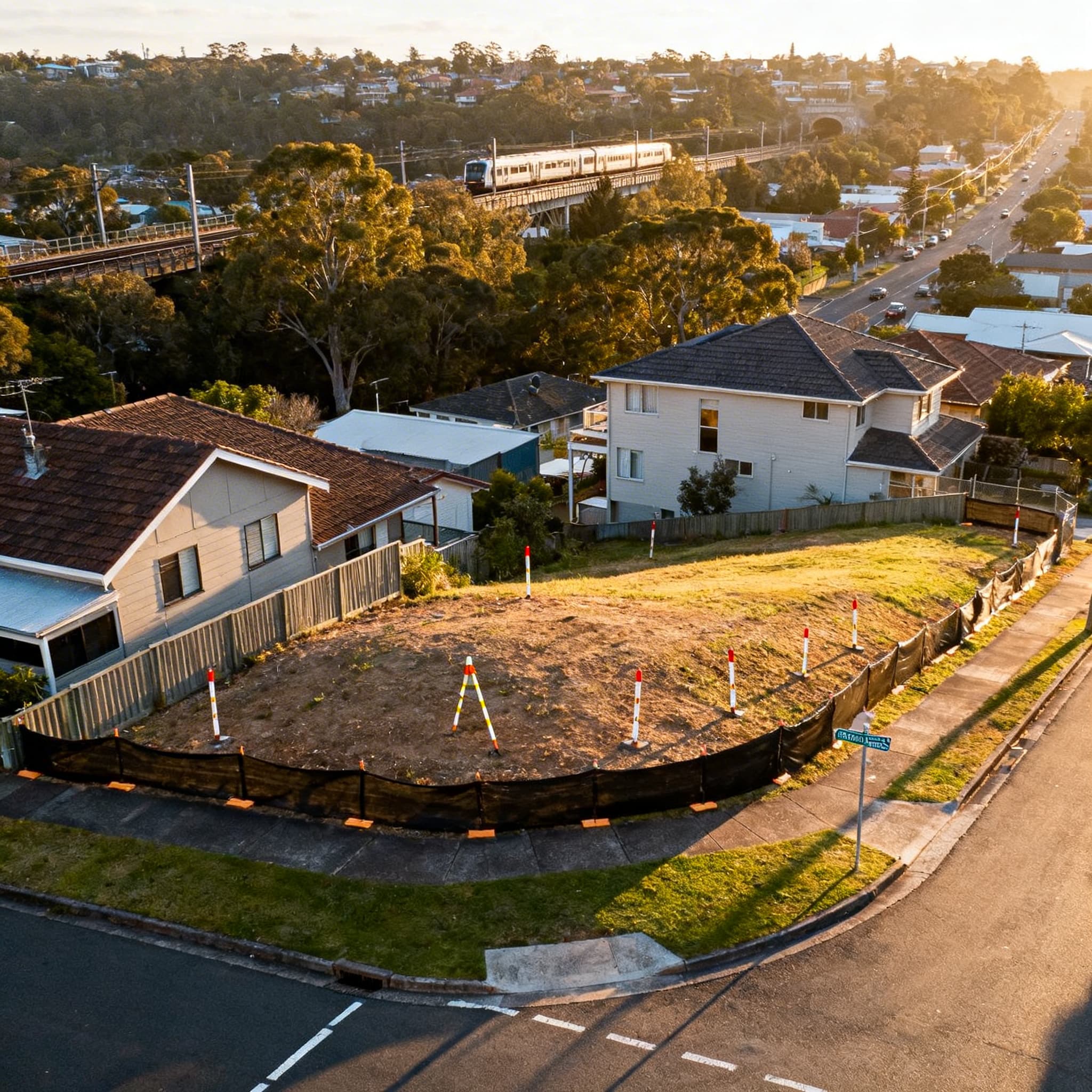 A cleared development site near rail infrastructure, with surveyor pegs marking the footprint where low-density housing is making way for higher-density outcomes.