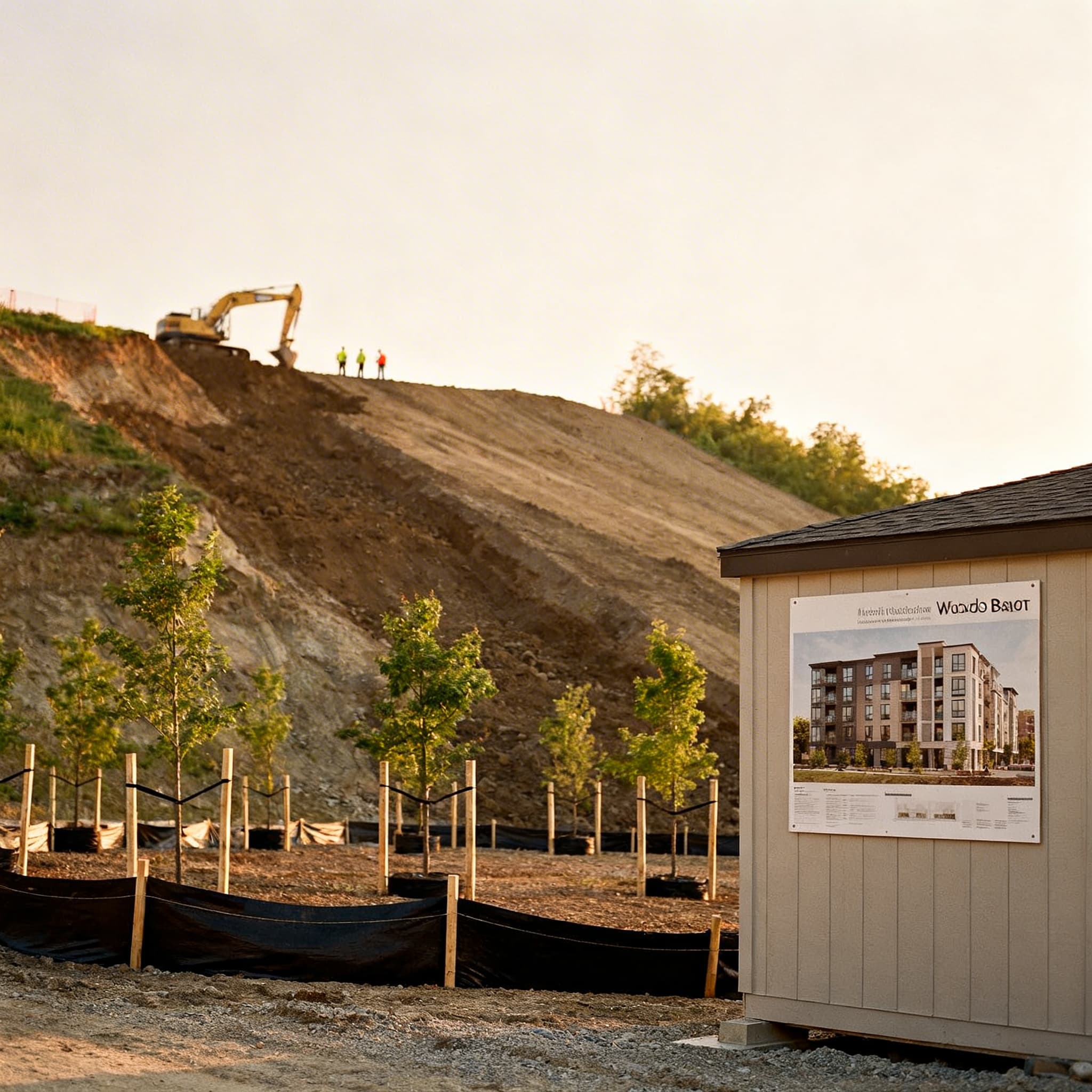 Earthworks underway on a sloping development site, with an excavator reshaping the terrain and newly planted trees staged for landscaping beside the project signboard.