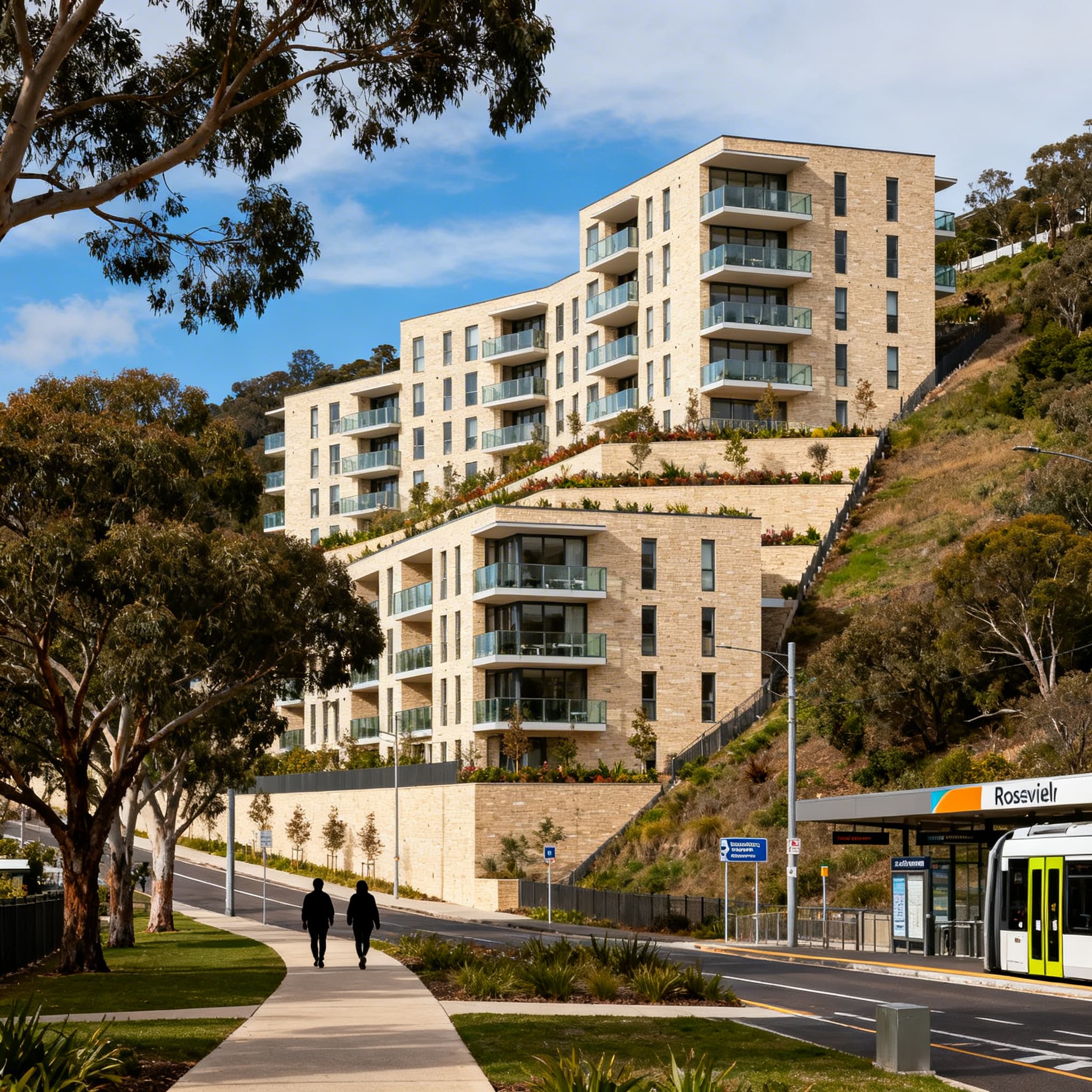 Completed mid-rise residential apartments stepping down a hillside beside a station, with landscaped pedestrian walkways connecting the development to public transport.