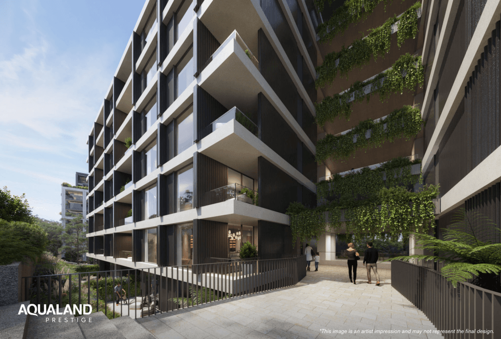 Architectural render of Aqualand's mid-rise apartment buildings at Roseville, showing landscaped walkway, green facades and stepped building form on the sloping site.