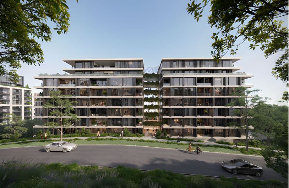 Aqualand Prestige's architectural render of the Roseville development from street level, showing two mid-rise buildings with generous balconies and landscaped setbacks.
