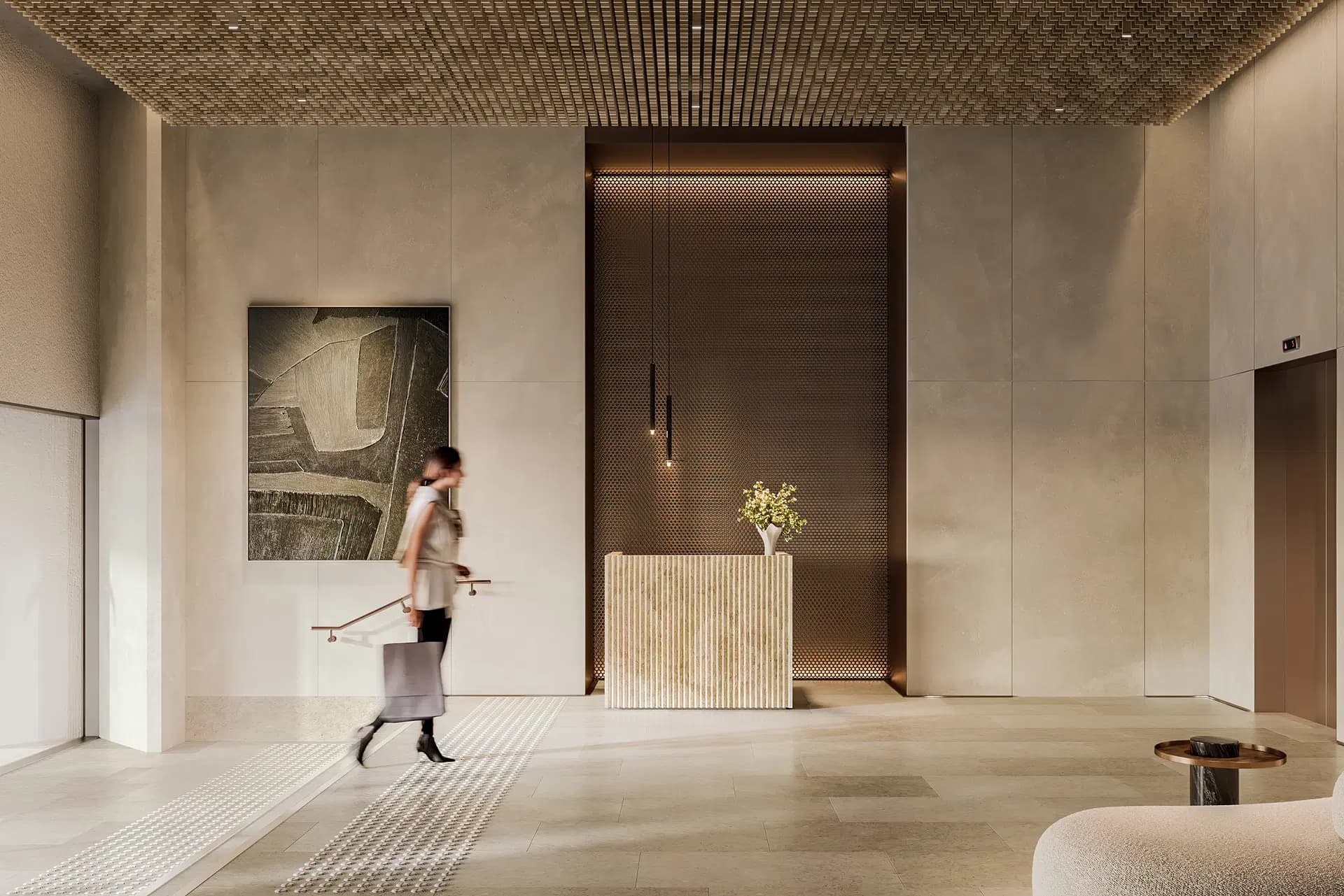 Hotel lobby with premium materiality and considered operational flow.