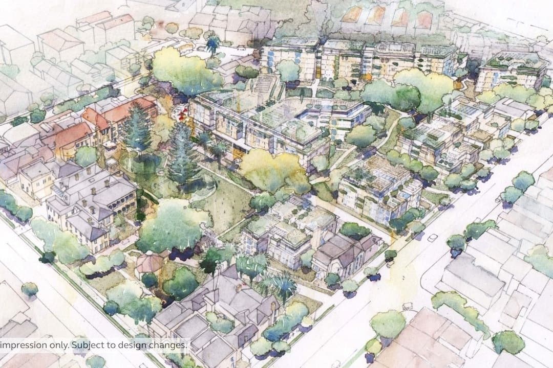 Watercolour aerial masterplan of the Uniting Waverley Estate precinct