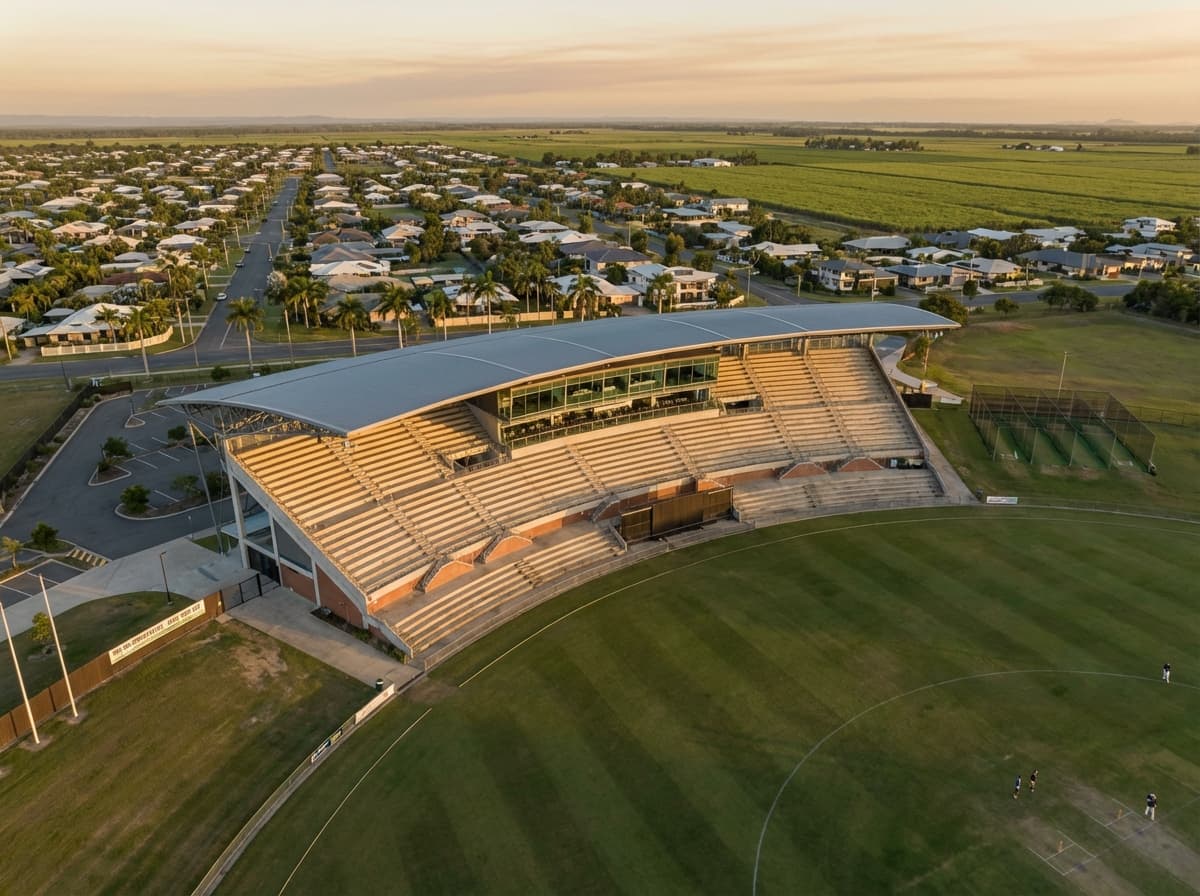 AI-generated concept illustration of a regional club sports precinct upgrade with indoor courts and event-ready amenities