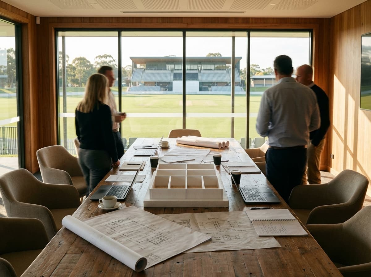 AI-generated planning workshop scene showing club board members, architects, and sporting stakeholders reviewing a staged construction masterplan