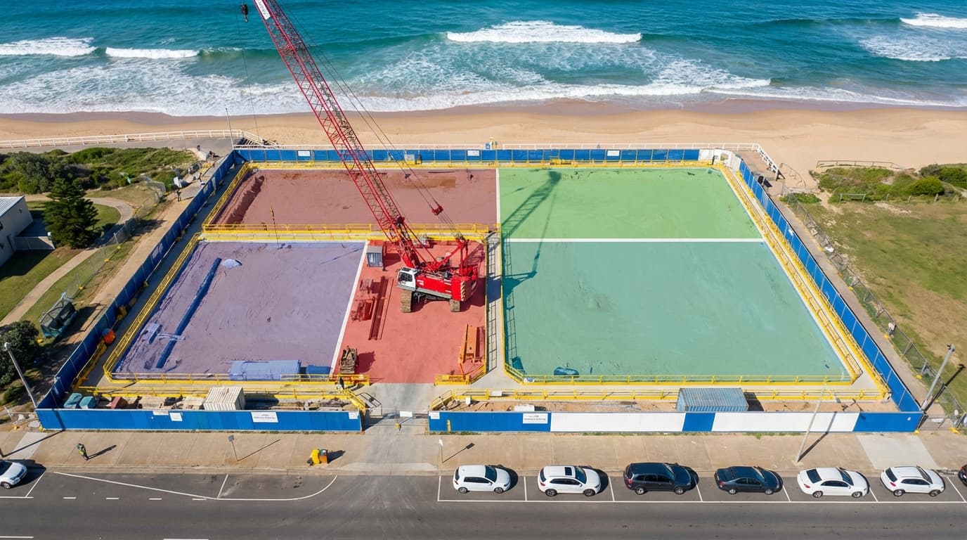 Conceptual aerial view of a modern surf club facility on a coastal headland, showing staged works zones and public access routes