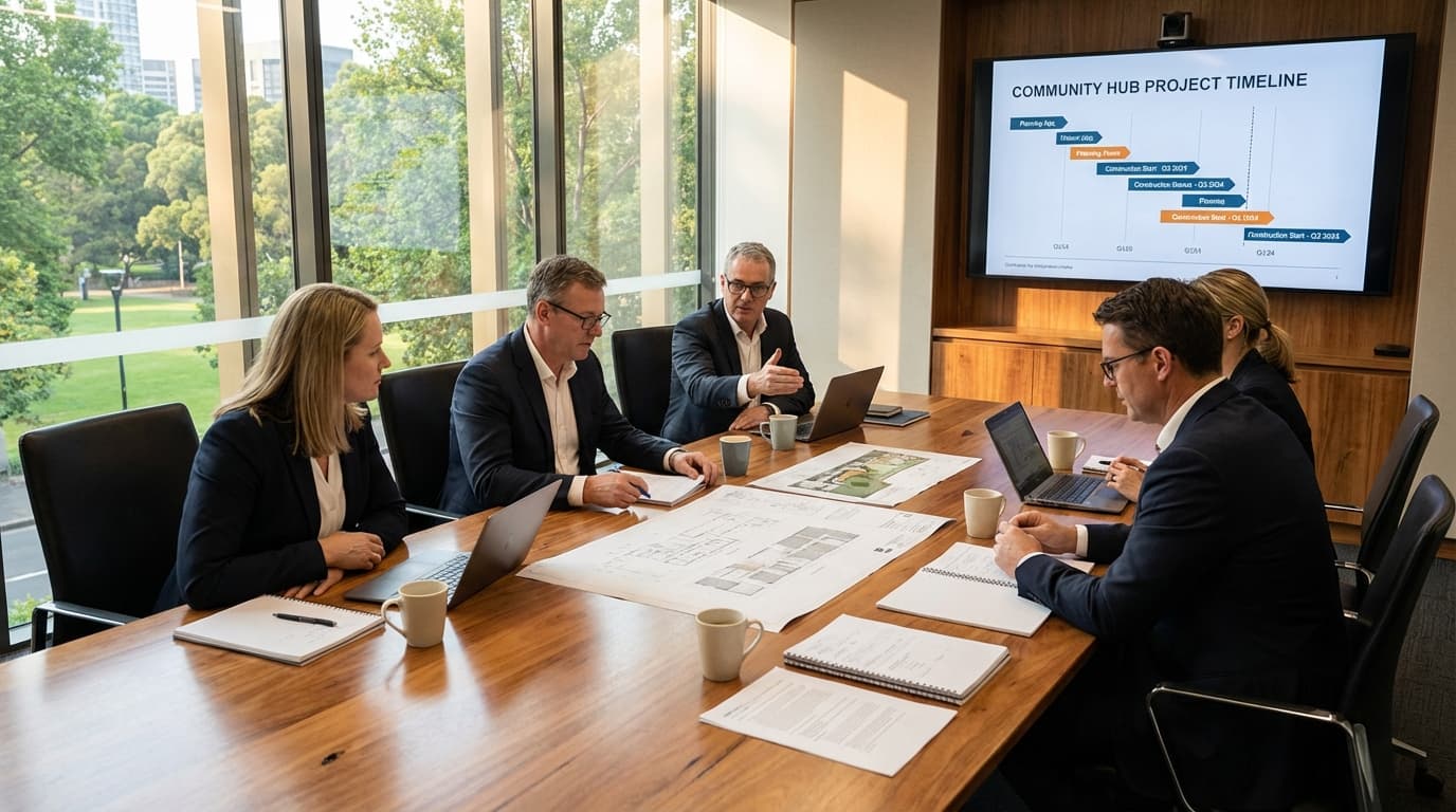 Project governance meeting scene with a surf club board reviewing a quarterly council-style report, programme milestones, and risk register