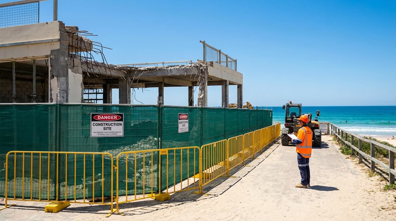 Beachfront surf club site concept showing temporary operations plan, safety hoarding, pedestrian routes, and staged construction boundaries
