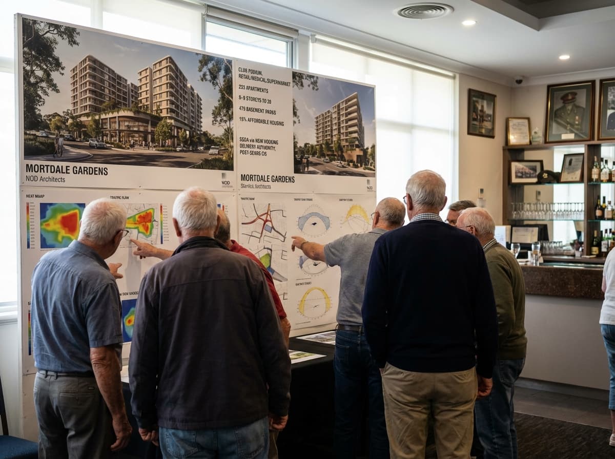 AI-generated illustration of a club board and project team reviewing SSDA drawings, traffic studies, and affordability schedules in a meeting room.