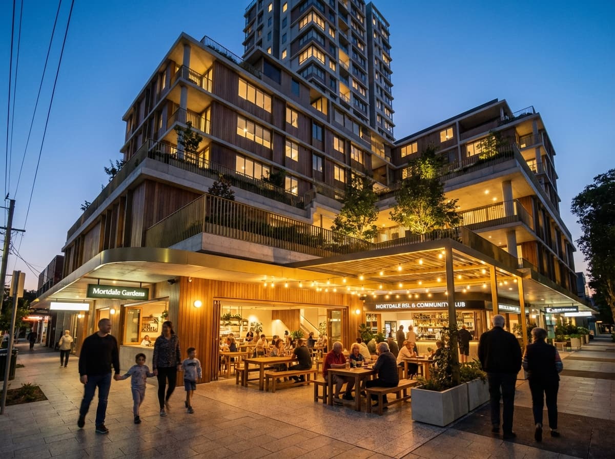 AI-generated rendering of a staged construction plan showing separated work zones, temporary club entry, and wayfinding to keep patrons safe.