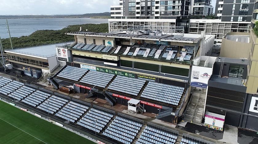 Sharks Chairman Steve Mace, Novm's Adrian Liaw, and CEO Dino Mezzatesta on the empty club floor following the handover of the Leagues Club shell.